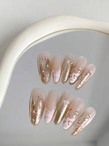 10 pièces/Set Ongles de la Saint-Valentin Manucure longue en forme d'amande faite main avec nœud à carreaux français, léopard, aurore, décoration de strass et de perle. Léger et luxueux. Convient pour les fêtes, les mariages et l'usage quotidien. Livré avec 1 flacon de gel gelée et 1 tampon à ongles