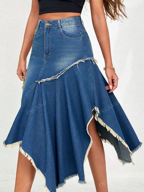 Women's Standard Size Patchwork Design Flared Maxi Skirt With Raw Hem And Asymmetrical Cut, Non-Stretch Denim