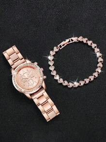 2pcs/Set Women's Quartz Wrist Watch With Steel Strap, 3-Eye Dial & Bracelet - Rose Gold - View 3