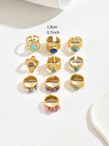 10pcs Vintage Metal Stainless Steel 18K Gold Plated Assorted Round, Square, Oval, Plain & Gemstone Decor Open Finger Rings For Women, Suitable For Daily Wear With Various Styles, Gift For Ramadan, Festivals