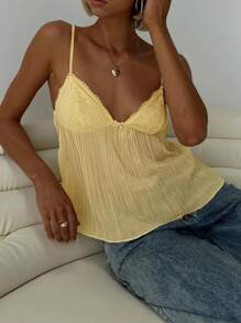 Women's Pleated Camisole Mini Bowknot Front Spaghetti Strap V-Neck Lace Cropped Tops