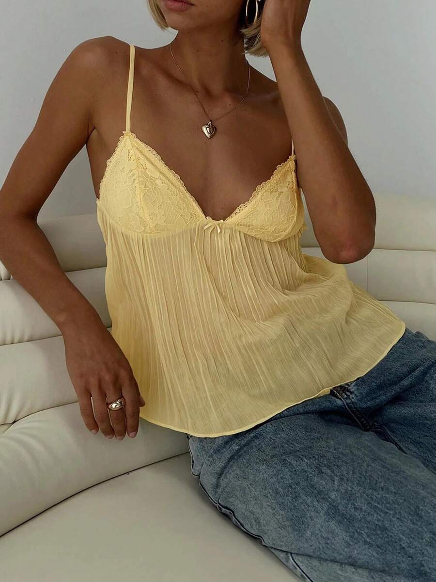 Women's Pleated Camisole Mini Bowknot Front Spaghetti Strap V-Neck Lace Cropped Tops