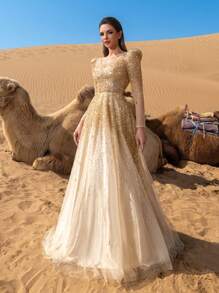 Faeriesty Đầm dạ hội và đầm dự tiệc sang trọng, hở lưng, tay voan xuyên thấu, đính cườm, thích hợp cho tiệc cưới. - Rượu sâm banh - Xem 6