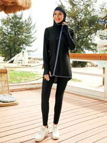 VFJ 1 套女式全覆盖连帽泳衣，沙滩罩衫 2 件套，紧身，水疗/运动拉链泳衣 - 黑色 - 查看 6