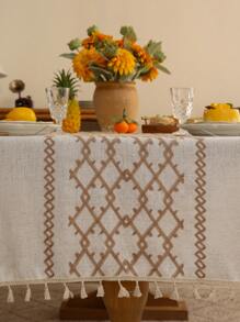 1 pieza Mantel de lino grueso bordado con borlas, Cubierta de mesa de comedor rectangular estilo bohemio con flecos, apto para fiestas, reuniones, cumpleaños, mesa de comedor, decoración del hogar - Caqui - Ver 7