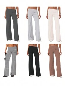 Women's Flare Leggings Fold Over Yoga Pants Flared Leggings Bell Bottom Y2K Low Rise Wide Leg Lounge Sweatpants - Light Grey - View 3