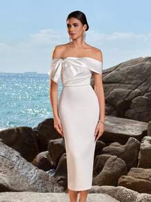 ADYCE Rochie de damă cu talie înaltă, fără spate, cu umeri goi și decorațiuni cu funde, pentru bal, petrecere și gală, rochie de cocktail pentru invitați la nuntă - alb - Vizualizare 6