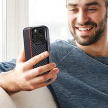 Carbon Fiber PU Patchwork Red Line Protective Case Compatible With Samsung Galaxy S25 S24 S23 S22 S21 S20 Ultra/S25 S24 S23 S22 S21 S20 Plus/S25 S24 S23 S22 S21 S20 FE, Shock-Resistant Waterproof Anti-Fall Scratch Resistant