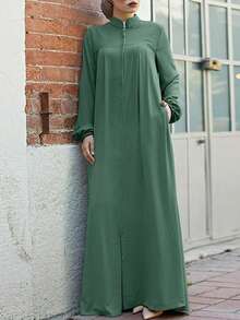 Muslim Fashionable Women Long Sleeve Zipper Patch Long Dress, Modest - Green - View 3
