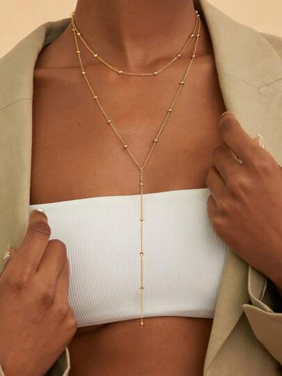 1 pieza Collar largo con cadena de bola redonda personalizada enchapada en oro de acero inoxidable 18K, de moda y sencillo, adecuado para gala, cita, regalo de vacaciones (cantidad de cuentas al azar)