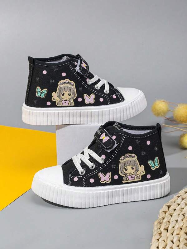 1 par de tênis de lona com estampa de borboletas e desenhos animados para meninos e meninas, tênis modernos com sola macia para atividades internas e externas, adequados para bebês e crianças, primavera/verão/outono