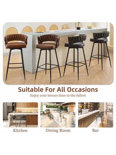 DYHOME Bar Stool Set Of Kitchen Stools Woven Backrest Footrest, Swivel PU Leather Seat Height 79 Cm, The Kitchen, Dining Room, Home Bar, Brilliant Bruin view 6