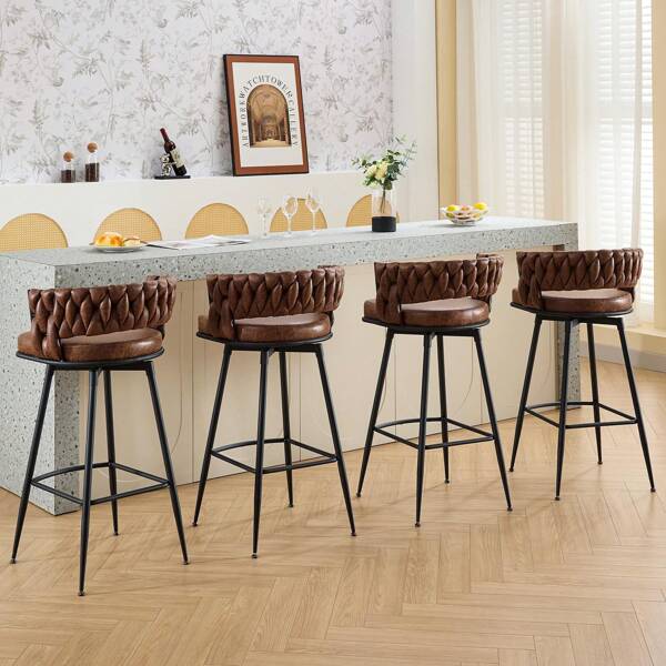 Conjunto de bancos de bar DYHOME com 4 bancos de cozinha com encosto e apoio para os pés em tecido, banco de bar giratório PU com altura de 79 cm, para cozinha, sala de jantar, bar doméstico, marrom brilhante
