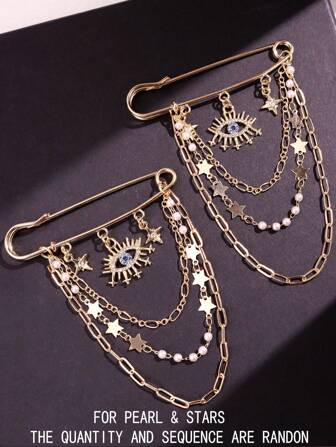 1 件金属链流苏链星形仿珍珠哥特恶魔之眼胸针，用于包包、围巾、西装的装饰别针，随意排列的仿珍珠和星星连衣裙配饰别针用于衣服包饰学校办公室配饰衬衫夹克珠宝圣诞节万圣节衣服别针有趣可爱的教师礼物