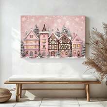 1pc Pink Sage Snow Scene Town Landscape Canvas Poster Vintage Wall Decor Canvas Wall Art Winter Art Print For Bedroom, Framed Ready To Hang