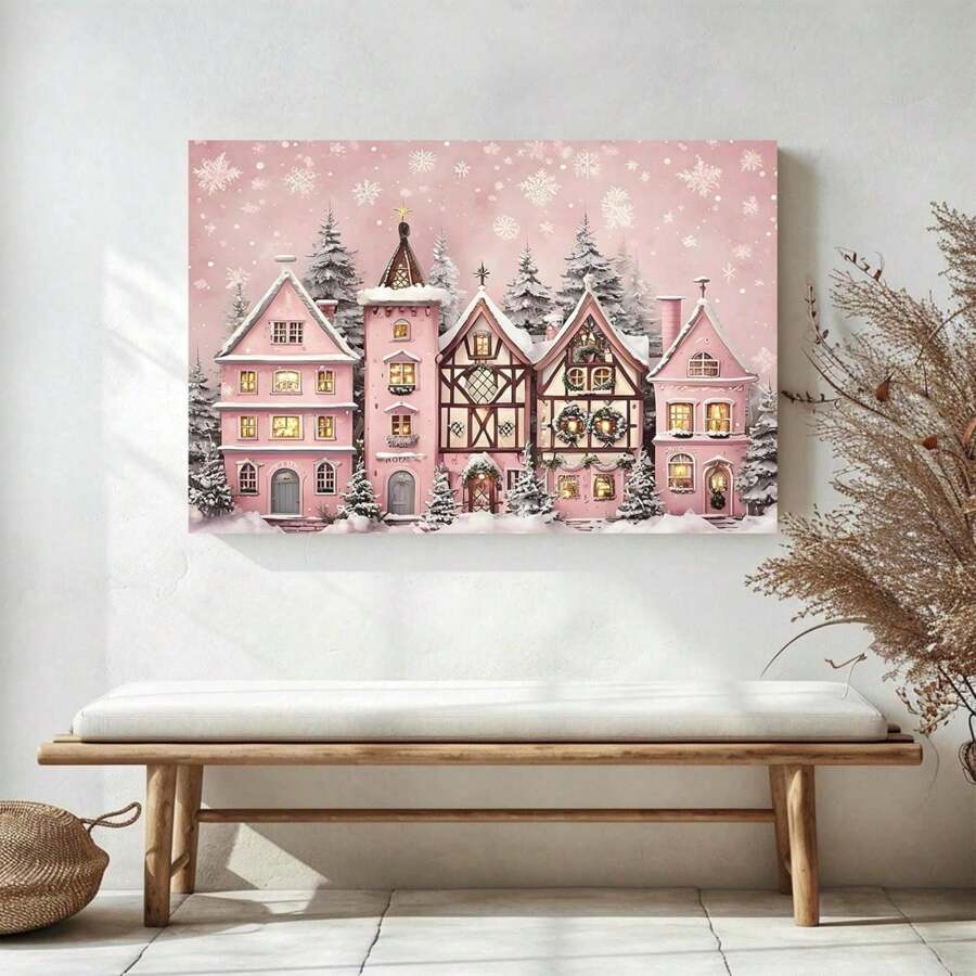1pc Pink Sage Snow Scene Town Landscape Canvas Poster Vintage Wall Decor Canvas Wall Art Winter Art Print For Bedroom, Framed Ready To Hang
