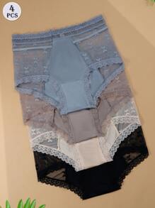 4 件套女士性感蕾丝边透明网眼高腰丁字裤