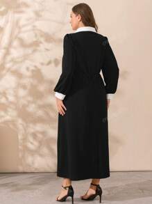 DEARCASE Plus Size Dames Color Block Revers Lange Mouw Jurk