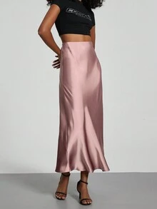 Se-Helo Fashion Women's Elastic Satin Feeling Satin Maxi Skirt - Coral Pink - Coral Pink - View 6