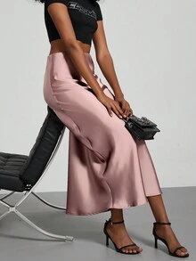 Se-Helo Fashion Women's Elastic Satin Feeling Satin Maxi Skirt - Coral Pink - Coral Pink - View 4