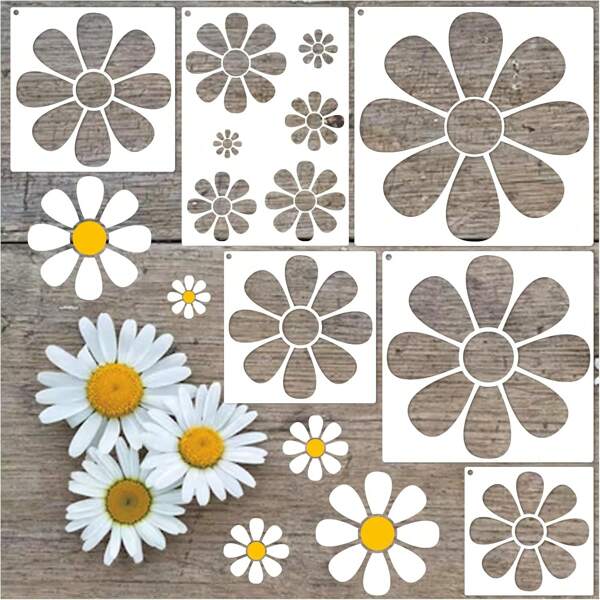 Set de 6 plantillas de flores para pintar en madera, plantillas florales de margaritas de 11.8 pulgadas reutilizables para manualidades, dibujo de pirograbado, arte de primavera, pintura en paredes, pasteles, galletas, lienzos, muebles, papelería, de vuelta a la escuela