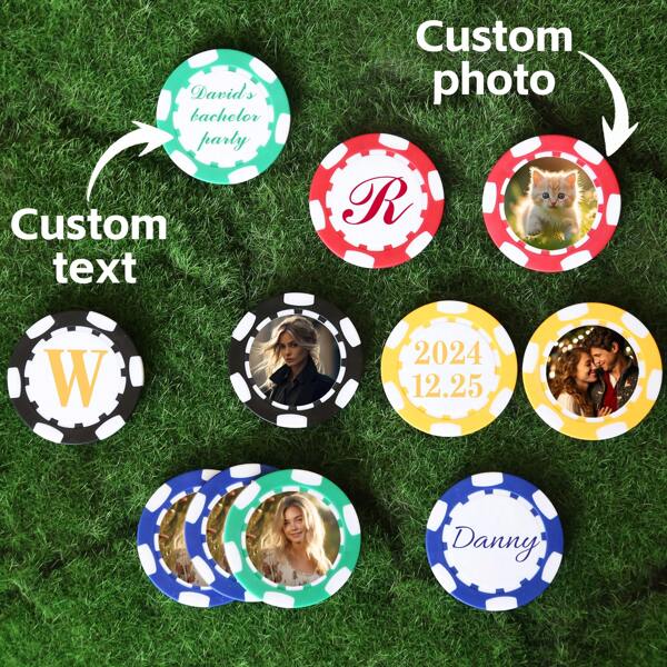1 pezzo/ 5 pezzi / 10 pezzi Fiches da poker personalizzate in cinque colori, stampate con il vostro testo e foto personalizzati su entrambi i lati, utilizzabili su entrambi i lati, accessori per feste di gioco, fiches da poker, set per tokens da bere o bar, addio al celibato, San Valentino, decorazioni San Valentino, regali per compleanni e lauree