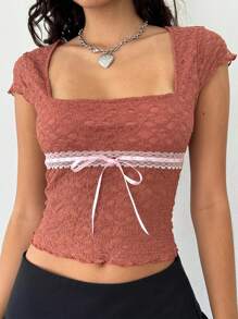 2026 New Women Lace Crop Top Square Neck Short Sleeve Sheer Blouse With Ribbon Bow Suitable For Going Out In Summer - Red - View 5