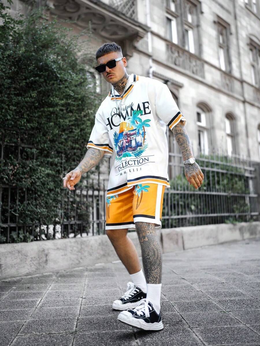 2pcs/Set Men's Comfortable Breathable Casual Vacation Suit, Versatile Shirt And Shorts For Spring/Summer - Multicolor - View 1