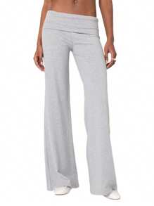 Women Y2k Palazzo Yoga Pants Fold Over Flare Leggings Low Rise Solid Color Stretch Casual Wide Leg Pants Comfy Lounge Pants Bootcut Bell Bottoms Baggy Sweatpants Streetwear - 灰色 - 查看 1