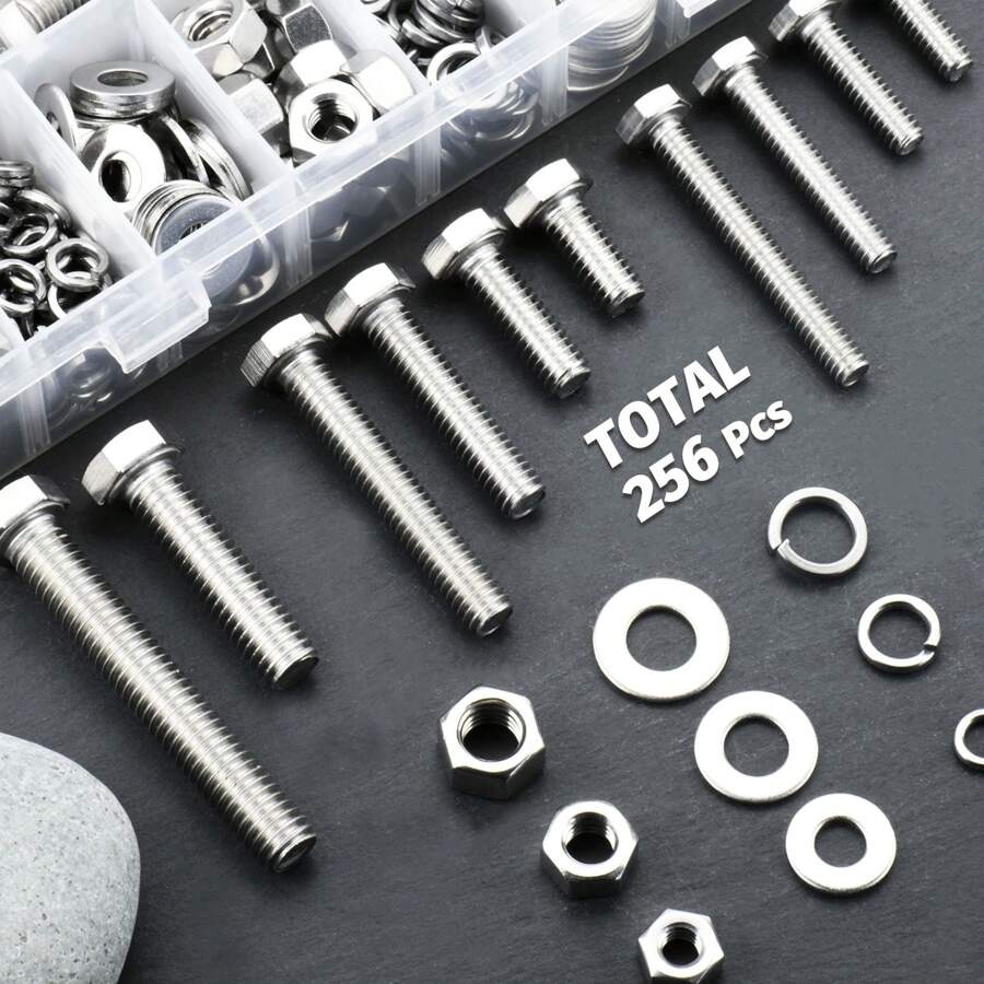 256Pcs Hex Head Nuts And Bolts Assortment Kit, Stainless Steel 1/4-20 ...
