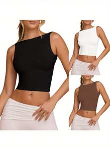 Women's Tank Tops Casual Slim Fit Boat Neck Sleeveless Open Back Solid Color Shirt For Summer - 白色 - 查看 3