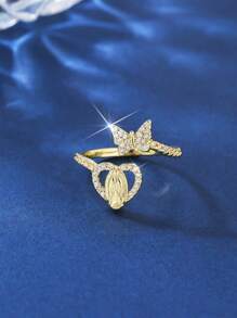 1 pieza Anillo de estilo coreano minimalista en forma de mariposa con incrustaciones microscópicas de circonita cúbica de la Virgen María para mujer, elegante y frío, dorado - Amarillo Oro - Ver 13