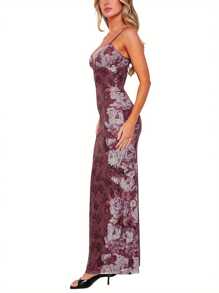 Women's Bodycon Long Dress, Vintage Floral Print Sleeveless Spaghetti Strap Party Dress - 酒紅色 - 查看 3