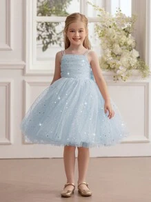 年轻女孩细肩带蝴蝶结串珠亮片薄纱优雅派对礼服，公主裙适合女孩的生日、派对、晚会、婚礼、花童、节日庆典，所有季节 - 淺藍色 - 查看 6