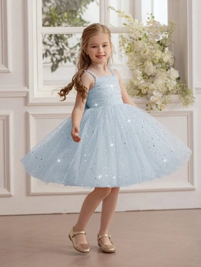 Young Girl Spaghetti Strap Bow Beaded Sequin Tulle Elegant Party Dress, Princess Dress Suitable For Girls' Birthday, Party, Evening, Wedding, Flower Girl, Holiday Celebration, All Season