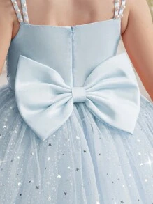 年轻女孩细肩带蝴蝶结串珠亮片薄纱优雅派对礼服，公主裙适合女孩的生日、派对、晚会、婚礼、花童、节日庆典，所有季节 - 淺藍色 - 查看 4