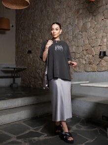 Satin Midi Skirt With Elastic - Plateado - Ver 1