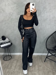 BRAZIL STORE Women's Wide Leg High Waist Leather Pants - 黑色 - 查看 6