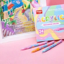 24 色皮肤/马卡龙色丙烯颜料笔马克笔毛笔头油漆笔适用于岩石绘画木画布石头、DIY 工艺品漫画皮肤着色、学校用品、返校 - 彩色 - 查看 2