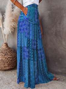 Women's Boho Maxi Skirts Vintage Floral Elastic High Waist A-Line Flowy Skirts Tiered Long Swing Skirts With Pockets Casual Bohemian Clothes For Summer Holiday Beach Vacation Outfit