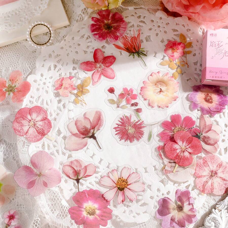 1 盒 45 张复古风格水彩花卉贴纸，适用于剪贴簿装饰、手机壳、美学日记、学生 DIY 用品、学校用品、返校 - 粉色 - 查看 1