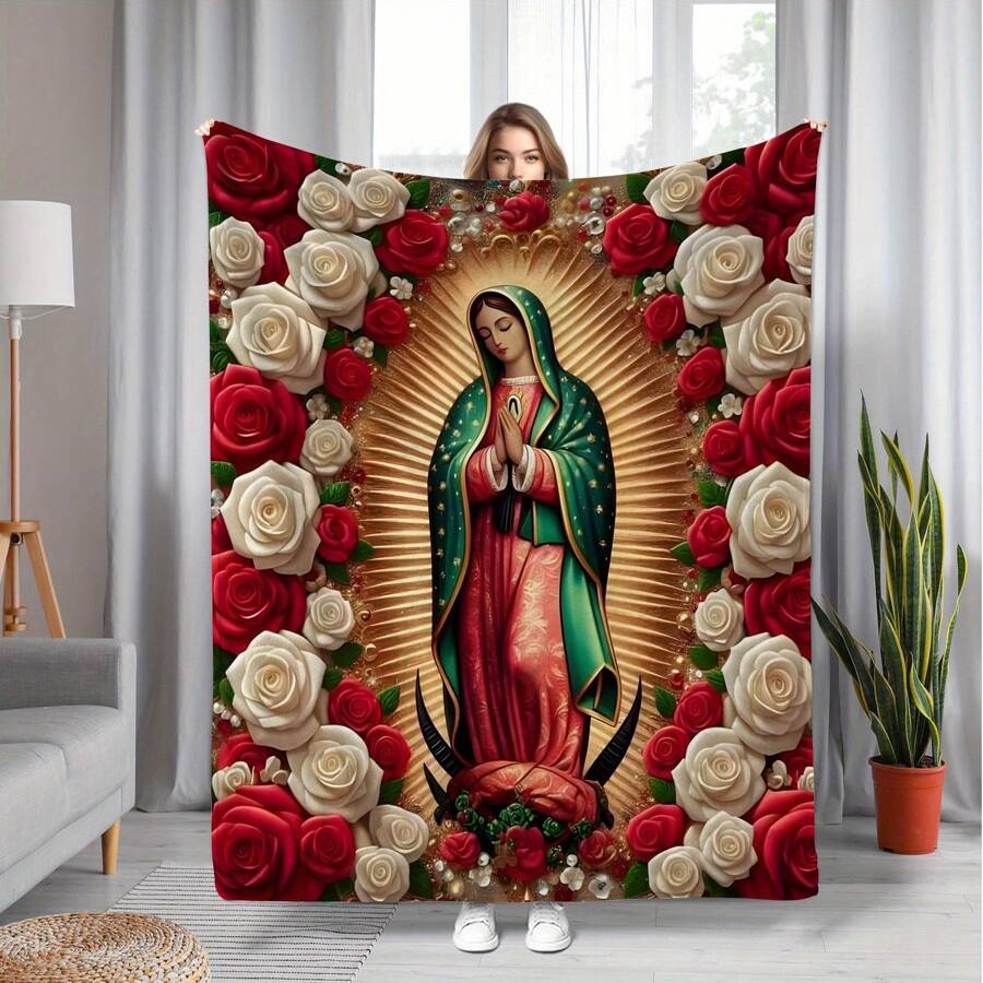 1pc Virgin Mary With Roses Pattern Flannel Throw Blanket, All-Season Multipurpose For Home Decor, Nap, Office Shawl, Sofa, Travel - Ideal Gift For Christmas,Thanksgiving, New Year's