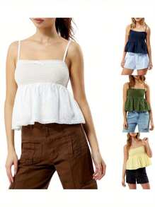 Women Spaghetti Strap Camisole Hollow Eyelets Bow Smocked Backless Square Neck Crop Tank Tops
