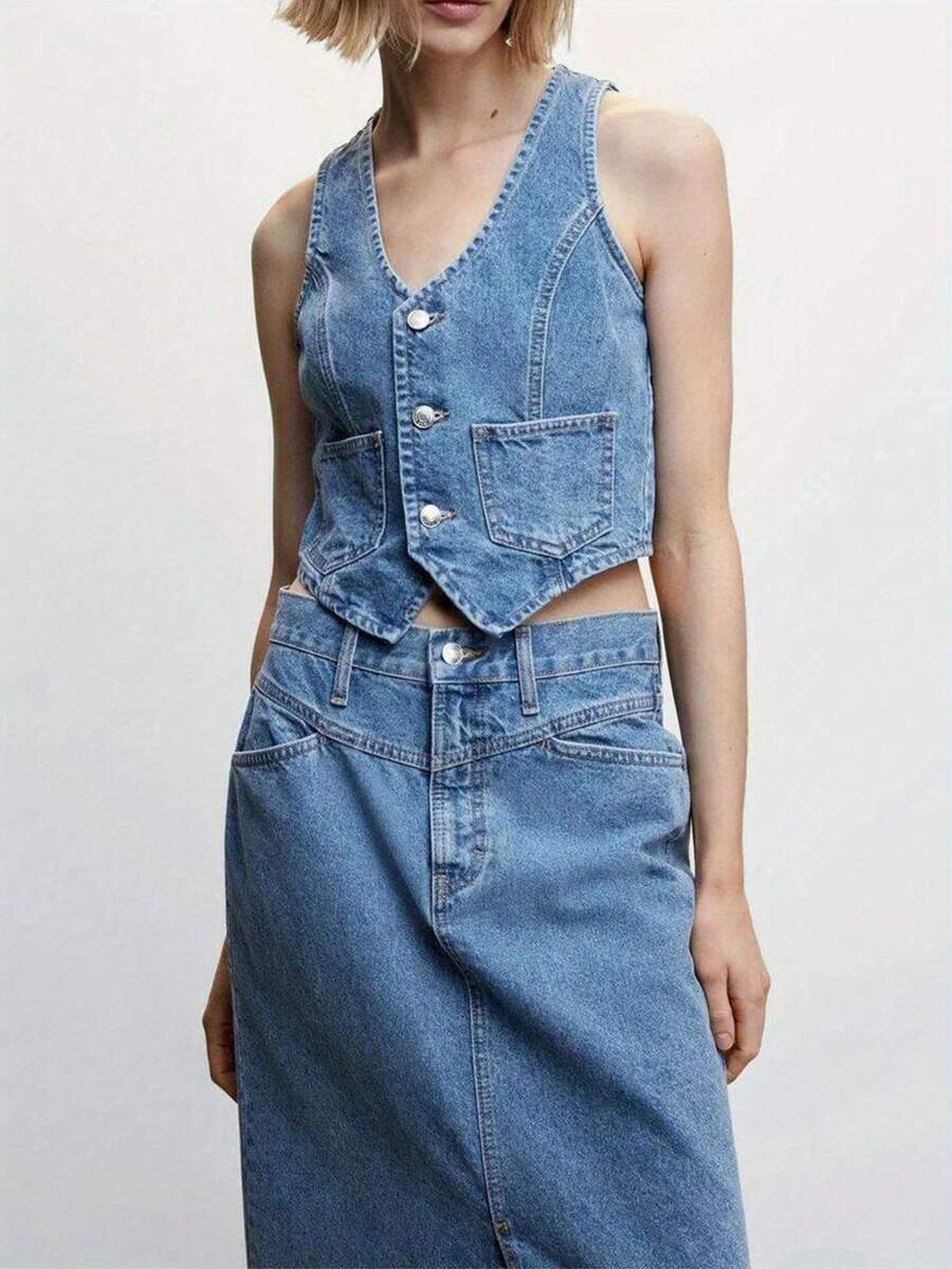 Women Denim Vest, Sleeveless V Neck Button Vest Outwear Gilet With Pockets For Casual Street