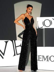Black V-Neck Sequin Decor Sleeveless Jumpsuit, Party Maxi Length - Black - View 1