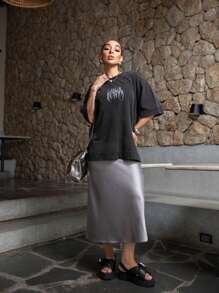 Satin Midi Skirt With Elastic - Plateado - Ver 2