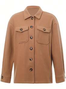 Women Long Sleeve Button-Up Coat, Solid Color/Plaid Print Lapel Neck Tops For Spring, Fall - Camel - View 7