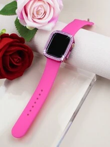 Compatible With Apple Watch Band And Case Combination Set Women's Fashion Sports Soft And Comfortable Metal Buckle Silicone Band + Anti-Drop, Anti-Scratch Shiny Double Row Diamond Hard PC Case Compatible With Apple Watch 38/40/41/42/44/45/46/49MM Band And Cases Compatible With Apple Watch Series Ultra/10/9/8/7/6/5/4//3/SE Replacement Band Case Set