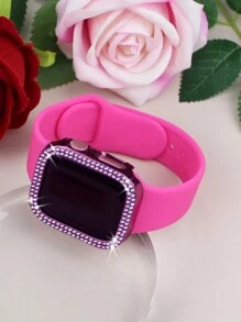 Compatible With Apple Watch Band And Case Combination Set Women's Fashion Sports Soft And Comfortable Metal Buckle Silicone Band + Anti-Drop, Anti-Scratch Shiny Double Row Diamond Hard PC Case Compatible With Apple Watch 38/40/41/42/44/45/46/49MM Band And Cases Compatible With Apple Watch Series Ultra/10/9/8/7/6/5/4//3/SE Replacement Band Case Set