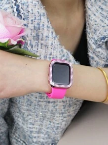 Compatible With Apple Watch Band And Case Combination Set Women's Fashion Sports Soft And Comfortable Metal Buckle Silicone Band + Anti-Drop, Anti-Scratch Shiny Double Row Diamond Hard PC Case Compatible With Apple Watch 38/40/41/42/44/45/46/49MM Band And Cases Compatible With Apple Watch Series Ultra/10/9/8/7/6/5/4//3/SE Replacement Band Case Set